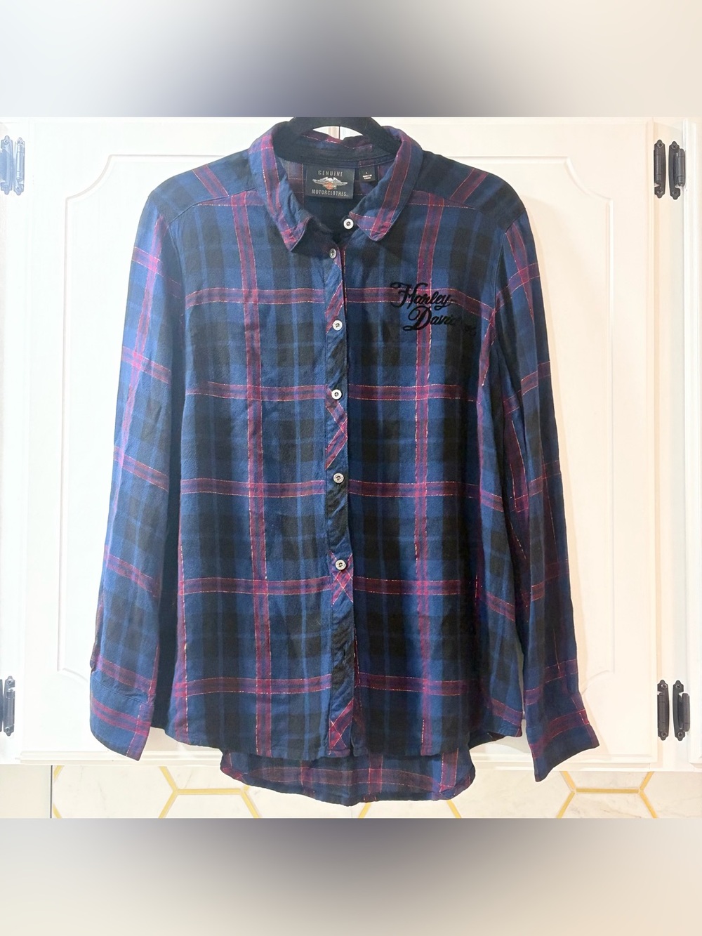 Harley Davidson Metallic Plaid Velvet Rose Shirt Large Navy Burgundy Biker Top